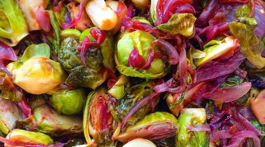 Garlic Lime Brussels with Caramelized Onions